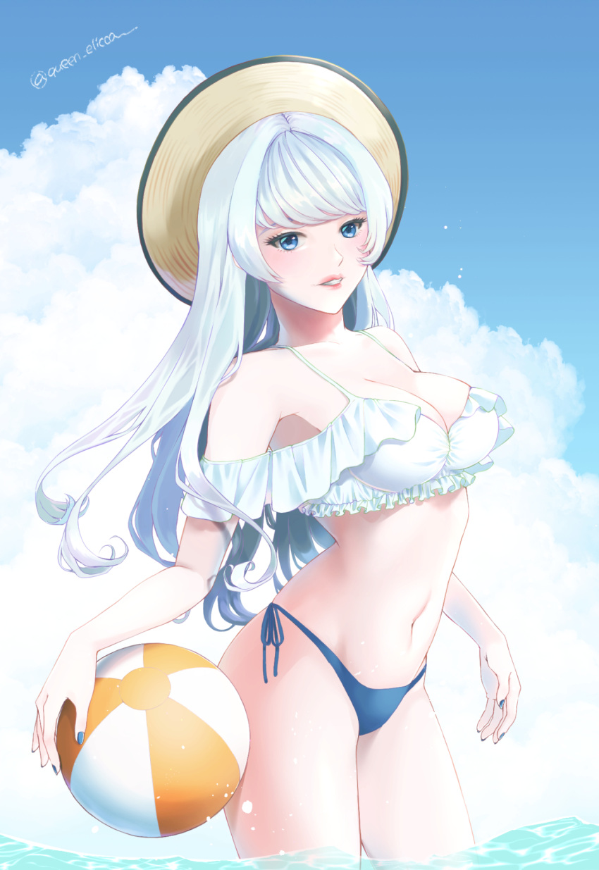 1girl ball bangs bare_shoulders beachball bikini blue_eyes blue_nails breasts cleavage collarbone cowboy_shot frilled_bikini frills from_side grin hat highres lips long_hair looking_at_viewer medium_breasts navel ocean original queen_elicca side-tie_bikini silver_hair sky smile solo swept_bangs swimsuit tsurime twitter_username wading