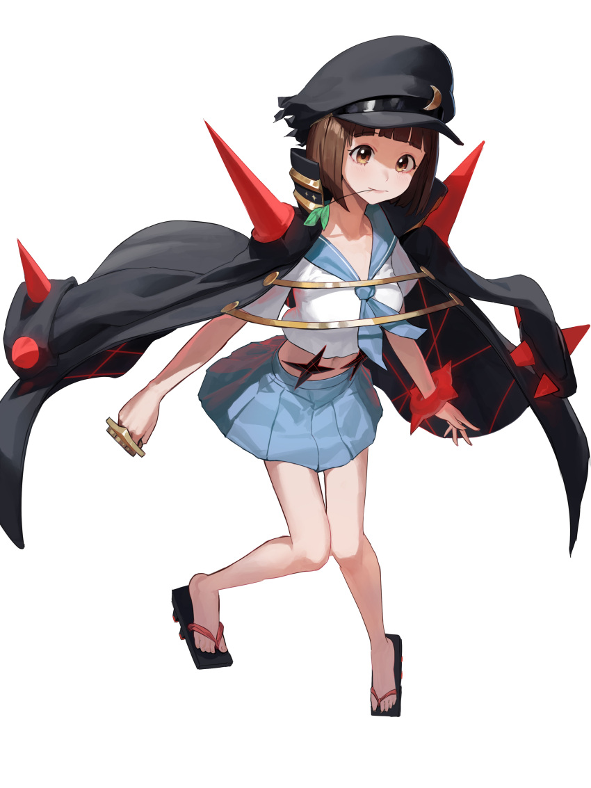 1girl absurdres bob_cut breasts brown_eyes brown_hair commentary full_body hat highres jacket kill_la_kill looking_at_viewer mac_star mankanshoku_mako medium_breasts original sandals school_uniform simple_background skirt solo spikes