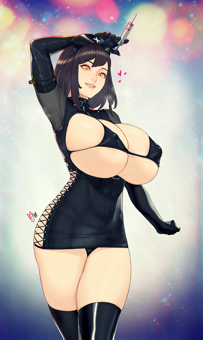 1girl arm_over_head armpits bangs bdsm black_hair breasts commentary_request commission cowboy_shot hat highres holding holding_syringe huge_breasts korean_commentary looking_down mole nurse nurse_cap original skin_tight skindentation smile solo syringe thighs yellow_eyes zcune