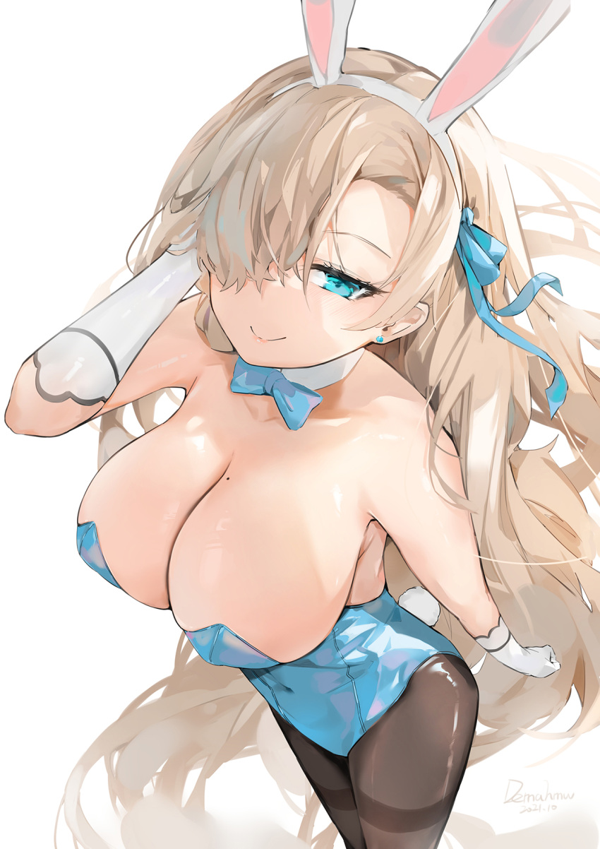 1girl animal_ears arm_behind_head asuna_(blue_archive) bangs bare_shoulders blue_archive blue_eyes blue_leotard blush breasts brown_legwear cleavage dema_hmw detached_collar elbow_gloves fake_animal_ears gloves hair_over_one_eye highleg highleg_leotard highres large_breasts leotard light_brown_hair long_hair looking_at_viewer mole mole_on_breast pantyhose playboy_bunny rabbit_ears rabbit_tail smile solo tail thighs white_gloves