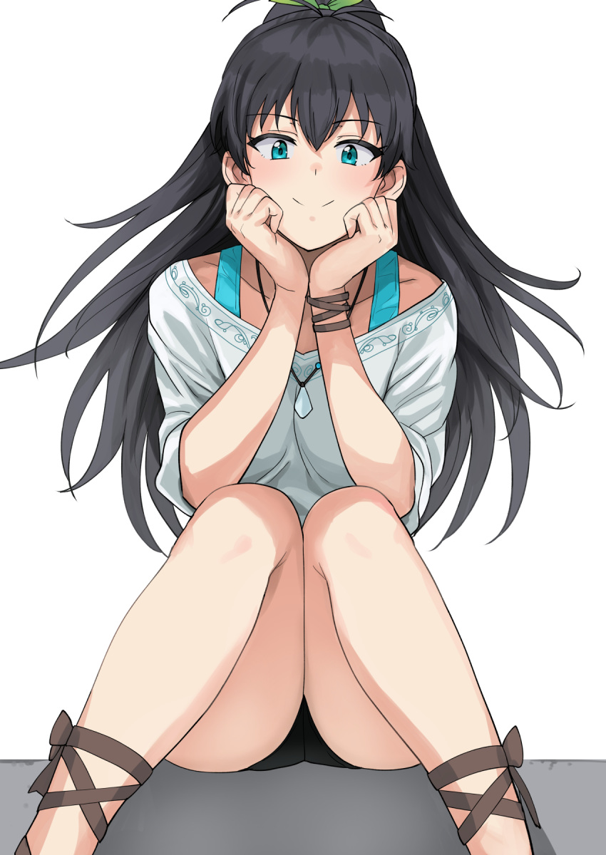 1girl antenna_hair aqua_eyes bangs bike_shorts black_hair black_shorts blush bra_strap closed_mouth collarbone commentary_request eyebrows_visible_through_hair feet_out_of_frame ganaha_hibiki green_ribbon hair_ribbon hands_on_own_cheeks hands_on_own_face highres idolmaster idolmaster_(classic) jewelry long_hair looking_at_viewer md5_mismatch necklace ponytail ribbon shirt short_shorts short_sleeves shorts simple_background sitting smile solo tsurui white_background white_shirt