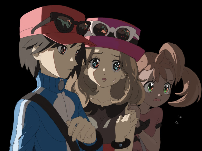 1boy 2girls aoaomzir bangs baseball_cap black_background blue_jacket blush brown_hair calem_(pokemon) collarbone collared_shirt eyelashes eyewear_on_headwear flying_sweatdrops green_eyes hand_up hat high-waist_skirt highres jacket long_hair long_sleeves multiple_girls open_mouth pink_shirt pokemon pokemon_(game) pokemon_evolutions pokemon_xy purple_headwear red_headwear red_skirt serena_(pokemon) shauna_(pokemon) shirt short_sleeves skirt sleeveless sleeveless_shirt strap sunglasses sweatdrop turtleneck turtleneck_jacket white-framed_eyewear