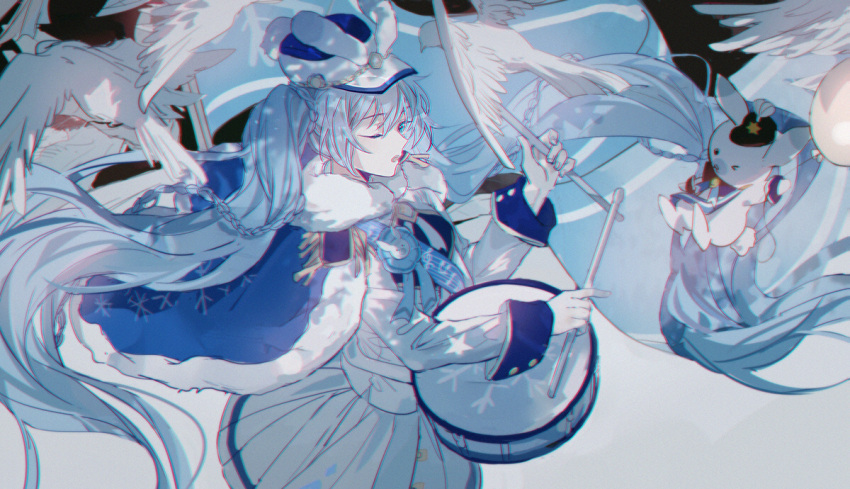 1girl balloon band_uniform bangs bird blue_cloak blue_eyes borrowed_design braid breasts chromatic_aberration cloak commentary cowboy_shot dove drum drumsticks epaulettes fur_collar fur_trim gloves grey_background hair_between_eyes hat hatsune_miku holding holding_drumsticks instrument kanose light_blue_hair long_hair long_sleeves looking_at_viewer musical_note one_eye_closed open_mouth pleated_skirt rabbit_yukine shako_cap shirt sideways_glance skirt sleeve_cuffs small_breasts snare_drum twintails very_long_hair vocaloid white_gloves white_shirt white_skirt yuki_miku