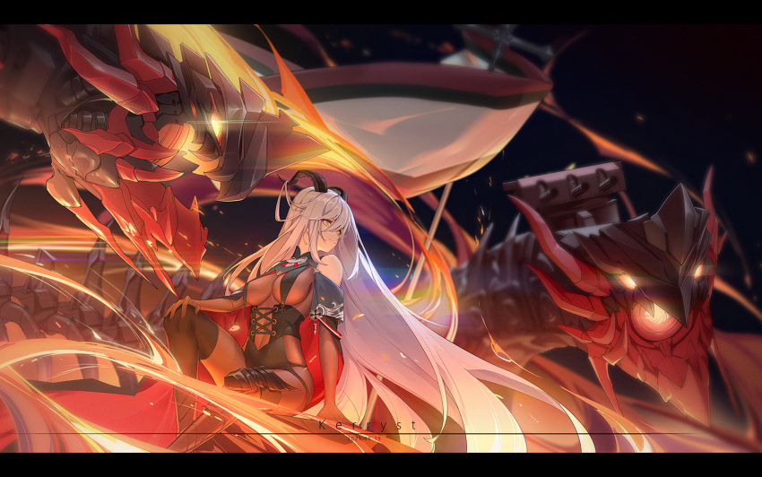 1girl absurdly_long_hair aegir_(azur_lane) artillery artist_name asymmetrical_footwear azur_lane bare_shoulders black_cape black_legwear bodystocking boots breast_curtains brown_gloves cape cross cross-laced_clothes dated demon_horns elbow_gloves gloves hair_between_eyes hair_on_horn highres horns impossible_clothes iron_cross kerryst knee_boots long_hair looking_to_the_side mechanical_animal mechanical_dragon pantyhose rigging single_knee_boot sitting skin_tight sleeves solo turret underbust uneven_footwear very_long_hair white_hair yellow_eyes