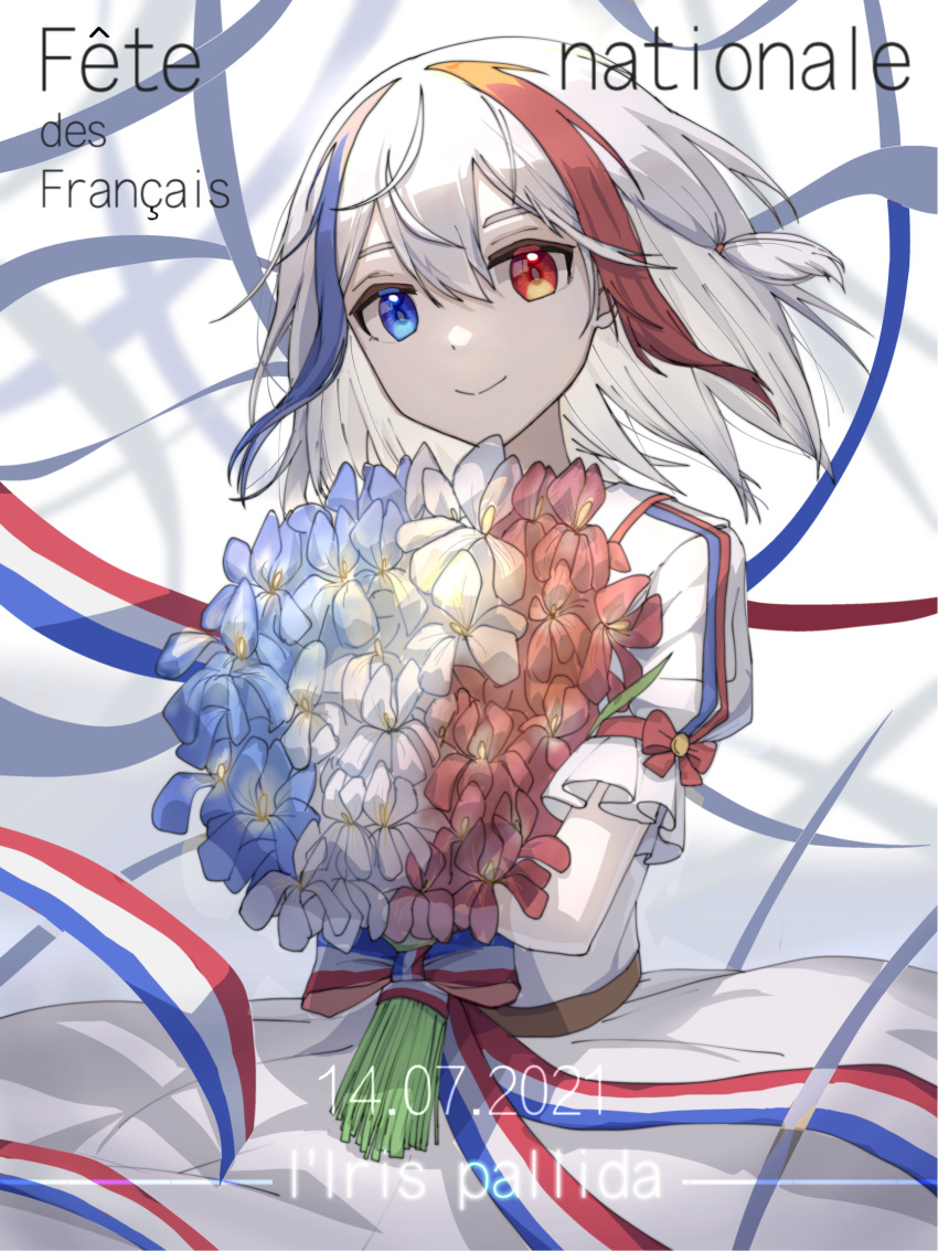 1girl blue_eyes blue_hair bouquet bow closed_mouth commentary_request dated dress dress_bow eyebrows_visible_through_hair flower france french_flag french_text hair_ornament hairclip heterochromia highres holding holding_bouquet holding_flower looking_at_viewer medium_hair multicolored_hair original personification phonetik red_eyes red_hair silver_hair simple_background smile solo upper_body white_dress