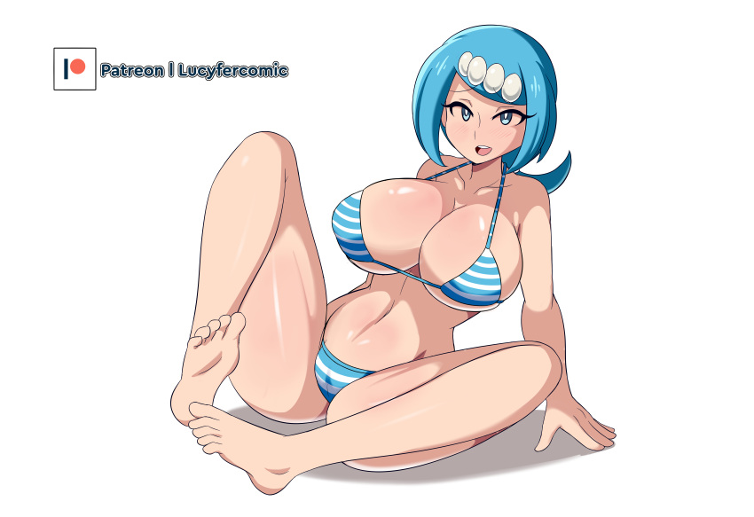 1girl absurdres barefoot bikini blue_eyes blue_hair breasts commentary feet freckles full_body highres lana's_mother_(pokemon) large_breasts long_hair low_ponytail lucyfer mature_female navel no_sclera open_mouth patreon_logo pokemon pokemon_(anime) pokemon_sm_(anime) shiny shiny_skin simple_background solo swimsuit teeth toes tongue upper_teeth white_background