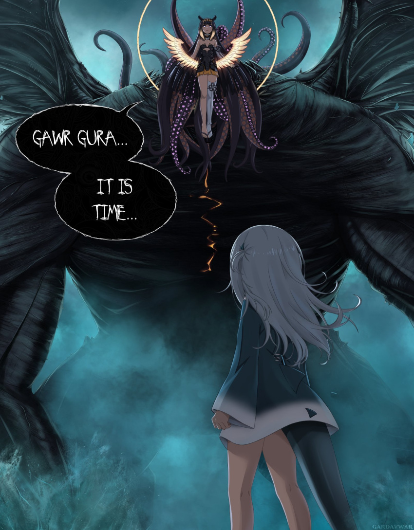 2girls bangs blue_eyes blue_hair blunt_bangs dress eldritch_abomination english_text eyebrows_visible_through_hair fish_tail gardavwar gawr_gura gloves gradient_hair halo highres hololive hololive_english long_hair low_wings multicolored_hair multiple_girls ninomae_ina'nis open_mouth orange_hair pointy_ears purple_hair shark_girl shark_tail short_dress silver_hair single_thighhigh streaked_hair tail tentacle_hair tentacles thighhighs very_long_hair virtual_youtuber wings