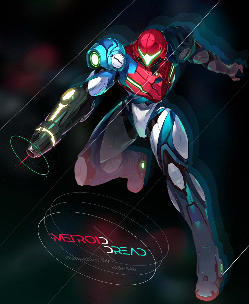 1girl absurdres arm_cannon commentary_request faded_limb from_above full_body helmet hide448 highres jumping laser_sight lights metroid metroid_dread power_armor samus_aran simple_background solo weapon white_armor wide_shot