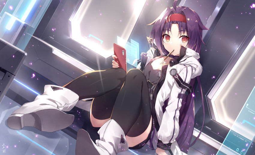 1girl ahoge arm_support bangs black_legwear blush breasts cleavage commentary_request eyebrows_visible_through_hair food gabiran highres holding indoors jacket long_hair long_sleeves looking_at_viewer mouth_hold open_clothes open_jacket pocky purple_hair sitting small_breasts sword_art_online thighhighs very_long_hair white_footwear white_jacket yuuki_(sao)