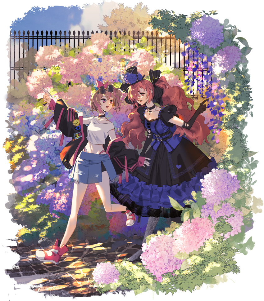 2girls brick_road brown_hair bush choker cloud commission commissioner_upload cross day destiny_(riftdevils) dress emiko_(riftdevils) eyewear_on_head fence flower garden hat highres jacket long_hair medium_hair midriff multiple_girls open_mouth original pointing red_eyes red_hair rose shoes silvertang skirt sky smile star_(symbol) sunglasses very_long_hair