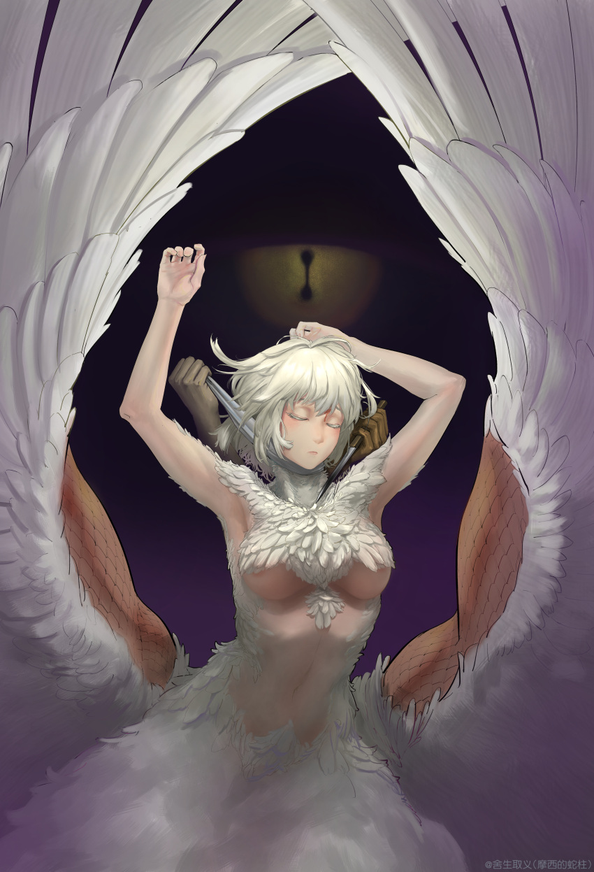 1girl absurdres armpits arms_up artist_name bangs black_background blood blood_on_face breasts centauroid chimera chinese_commentary closed_mouth commentary_request cowboy_shot disembodied_limb dungeon_meshi eyebrows_behind_hair falin_thorden feathered_wings feathers hair_between_eyes highres holding holding_knife knife knife_to_throat medium_breasts monster_girl navel seshengquyi short_hair sidelocks simple_background spoilers stomach strangling taur underboob white_hair wings