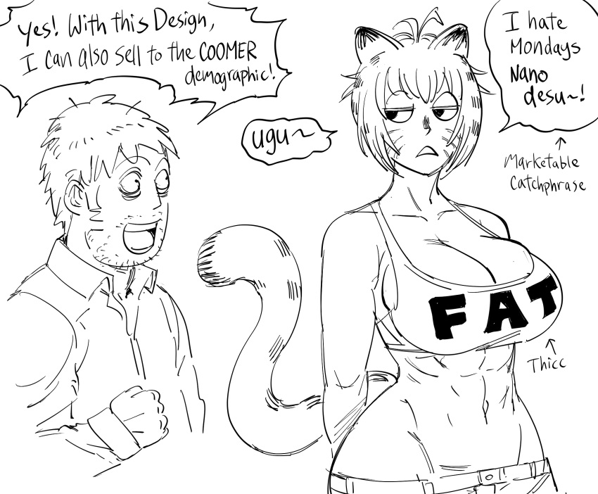 1boy 1girl :d abs animal_ears antenna_hair artist_self-insert bb_(baalbuddy) beard breasts cat_ears cat_tail cleavage clothes_writing commentary english_commentary english_text facial_hair facial_mark garfield garfield_(character) genderswap genderswap_(mtf) greyscale highres jitome large_breasts monochrome muscular muscular_female navel open_mouth original parted_lips personification short_hair simple_background smile striped_tail tail tank_top whisker_markings white_background wide-eyed
