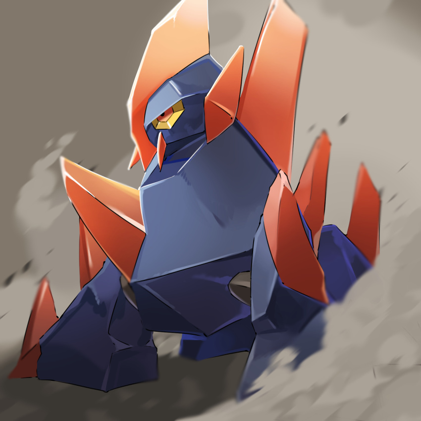 blurry commentary_request crest from_side gigalith highres mian_(3zandora) no_humans orange_eyes pokemon pokemon_(creature) smoke solo spikes standing