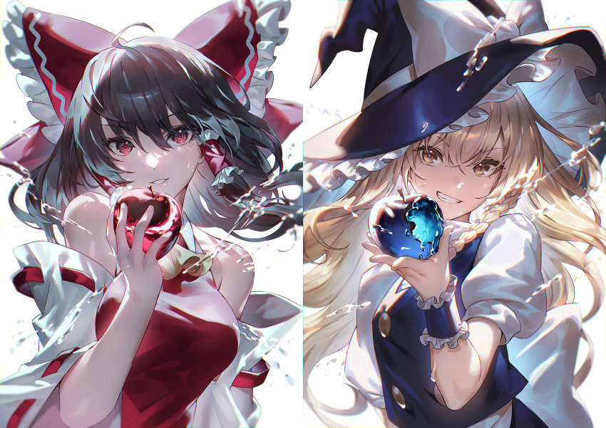 2girls ahoge apple ascot bangs bare_shoulders bitten_apple black_hair blonde_hair blue_apple bow braid clenched_teeth crossed_bangs eyebrows_visible_through_hair food food_bite frilled_bow frilled_cuffs frilled_hat frills fruit hair_between_eyes hakurei_reimu hat highres holding holding_food holding_fruit japanese_clothes kirisame_marisa large_hat long_hair looking_at_viewer miko multiple_girls off_shoulder open_mouth puffy_sleeves red_bow red_eyes red_skirt short_sleeves simple_background skirt teeth touhou u_u_zan upper_body white_background white_bow wide_sleeves witch_hat