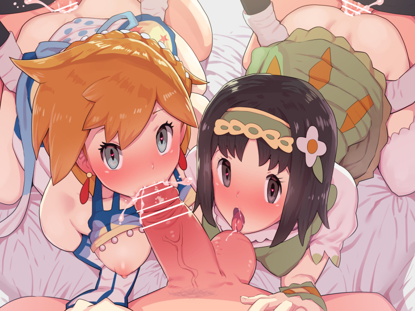2girls 3boys all_fours ass bangs bar_censor bare_shoulders black_hair black_jacket blush boris_(noborhys) breasts censored clothed_sex commentary_request cum cum_in_mouth dress erika_(pokemon) eyelashes fellatio flower gloves green_dress green_hairband grey_eyes hair_flower hair_ornament hairband heart heart_in_eye hetero highres jacket licking licking_testicle looking_at_viewer looking_up misty_(pokemon) multiple_boys multiple_girls nipples official_alternate_costume oral orange_hair overflow penis pokemon pokemon_(game) pokemon_masters_ex sex sex_from_behind short_hair symbol_in_eye team_rocket team_rocket_uniform testicles textless veins white_flower white_gloves