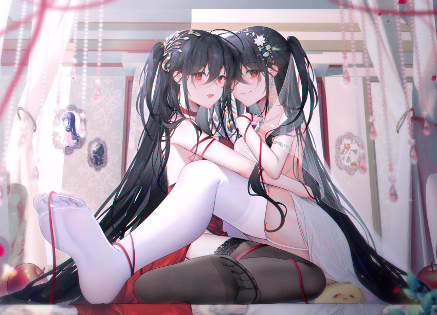 2girls absurdres apple azur_lane bangs black_hair black_legwear breast_press breasts bridal_veil choker clone cocktail_dress crossed_bangs dress evening_gown food fruit full_body garter_straps hair_between_eyes hair_ornament hair_strand highres huge_breasts indoors lace-trimmed_legwear lace_trim long_dress long_hair looking_at_viewer manjuu_(azur_lane) moonlgnance multiple_girls no_shoes official_alternate_costume picture_(object) picture_frame plunging_neckline red_choker red_dress red_eyes satin_dress see-through_dress sitting_on_animal sleeveless sleeveless_dress soles string string_of_fate symmetrical_docking taihou_(azur_lane) taihou_(forbidden_feast)_(azur_lane) taihou_(temptation_on_the_sea_breeze)_(azur_lane) thighhighs veil very_long_hair wedding_dress white_dress