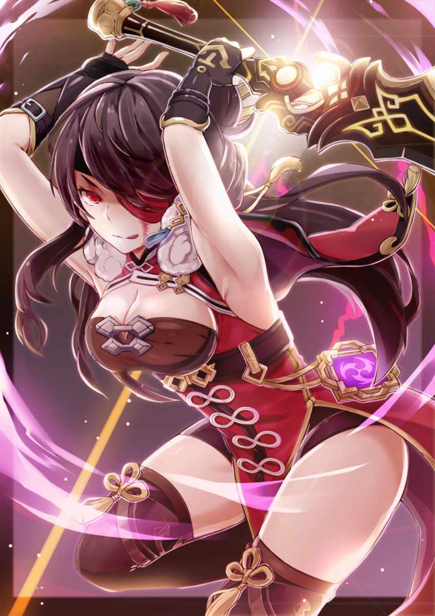 1girl :q arm_guards armpits arms_up bangs beidou_(genshin_impact) belt bent_over black_gloves black_hair black_legwear black_shorts chinese_clothes commentary_request eyebrows_visible_through_hair eyepatch fingerless_gloves genshin_impact gloves greatsword hair_ornament hair_over_one_eye hairpin highres holding holding_sword holding_weapon long_hair looking_at_viewer m-1ng red_eyes shorts sidelocks simple_background solo standing standing_on_one_leg sword thighhighs tongue tongue_out two-handed_sword vision_(genshin_impact) weapon zettai_ryouiki
