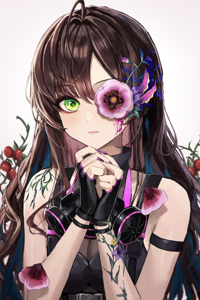 1girl absurdres ahoge arm_strap bangs black_gloves breasts brown_hair eyebrows_visible_through_hair fingerless_gloves flower flower_over_eye gloves green_eyes hair_between_eyes highres ichinose_shiki idolmaster idolmaster_cinderella_girls idolmaster_cinderella_girls_starlight_stage kudou_(sikisiki0000) lips long_hair medium_breasts purple_nails respirator simple_background solo wavy_hair