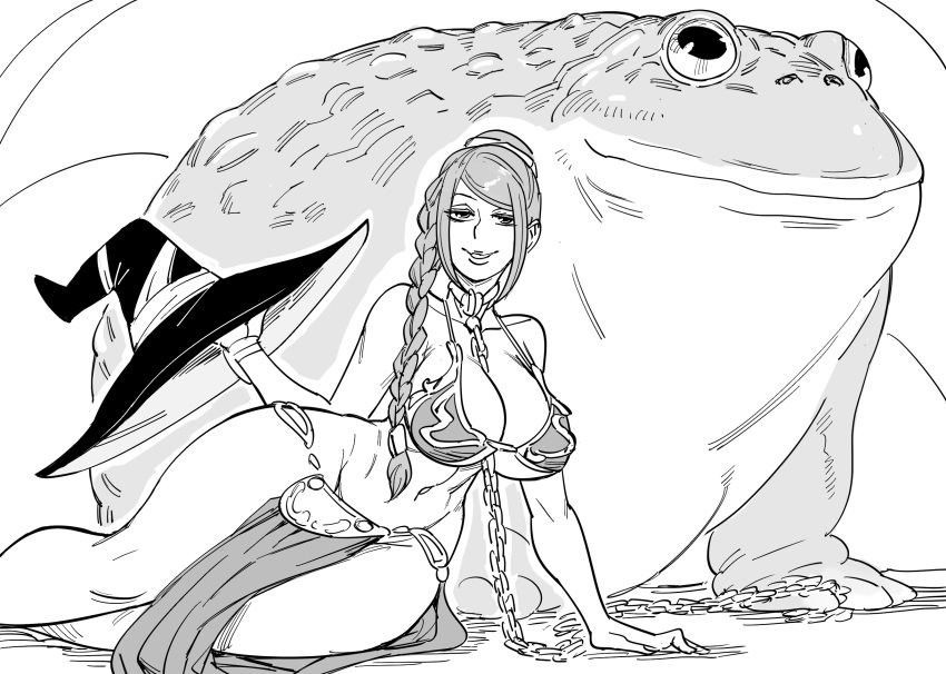 1girl animal arm_support bb_(baalbuddy) braid breasts chain chain_between_breasts chained cleavage commentary cosplay dragon's_crown english_commentary frog greyscale hair_over_shoulder half-closed_eyes hat hat_removed headwear_removed highres holding holding_clothes holding_hat huge_breasts leash long_hair looking_at_viewer monochrome oversized_animal parted_lips pelvic_curtain princess_leia_organa_solo princess_leia_organa_solo_(cosplay) seductive_smile sitting slave smile solo sorceress_(dragon's_crown) star_wars star_wars:_return_of_the_jedi toad_(animal) wide_hips yokozuwari