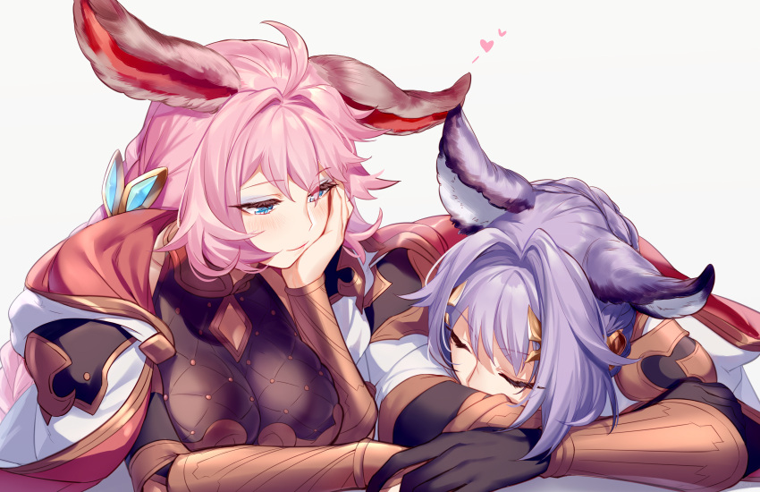 1boy 1girl ahoge aki663 animal_ears black_gloves blue_eyes blue_hair blush breasts brother_and_sister closed_eyes closed_mouth commentary_request erune feower_(granblue_fantasy) gloves granblue_fantasy heart highres large_breasts looking_at_another pink_hair siblings tien_(granblue_fantasy) upper_body