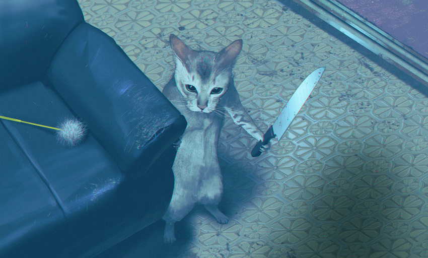 animal_focus armchair cat chair commentary_request holding holding_knife knife looking_at_viewer no_humans original standing tomono_rui