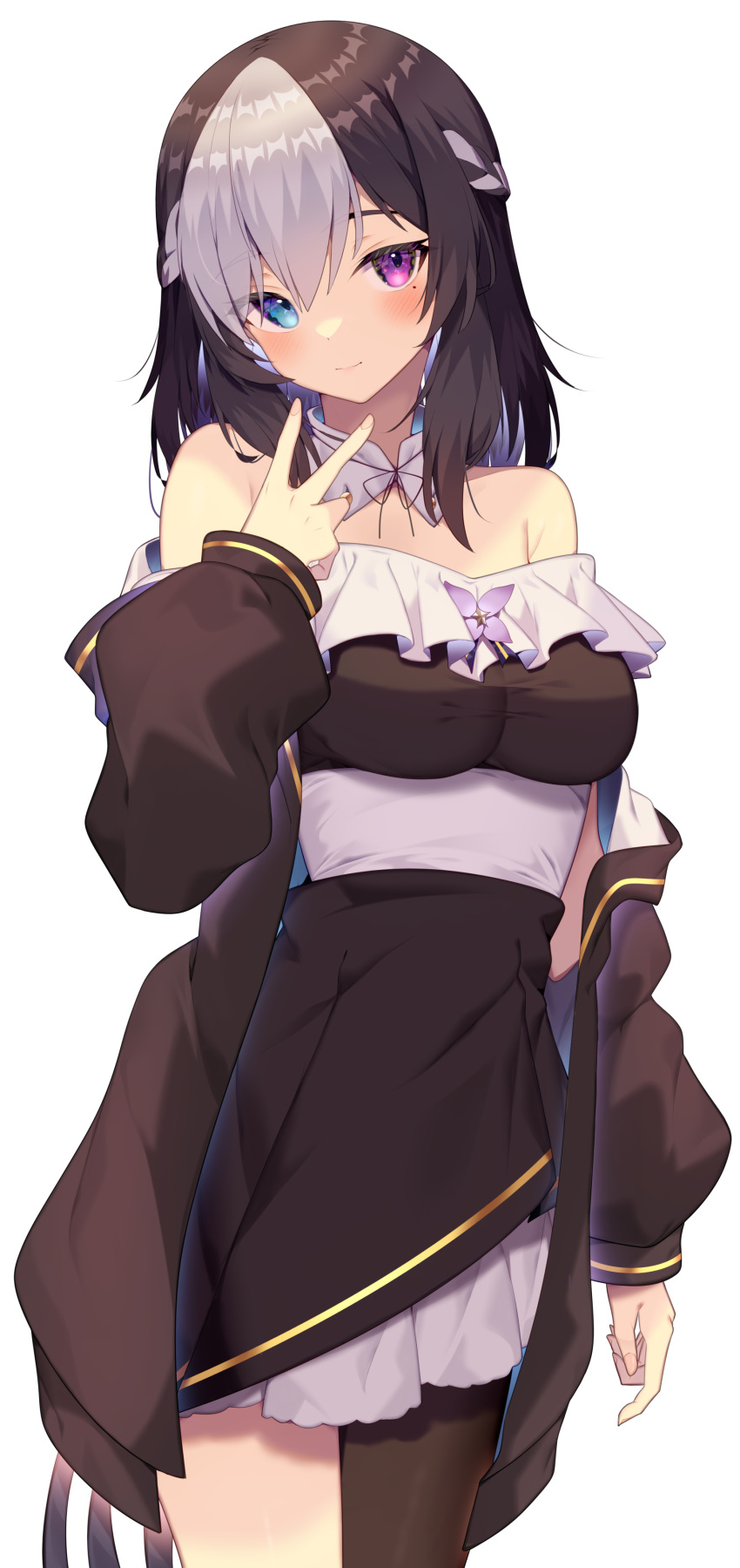1girl absurdres bare_shoulders black_hair blue_eyes blush breasts commentary_request dress frills highres jacket jun_(aousa0328) looking_at_viewer multicolored_eyes multicolored_hair original purple_eyes simple_background single_thighhigh solo thighhighs v white_background white_hair