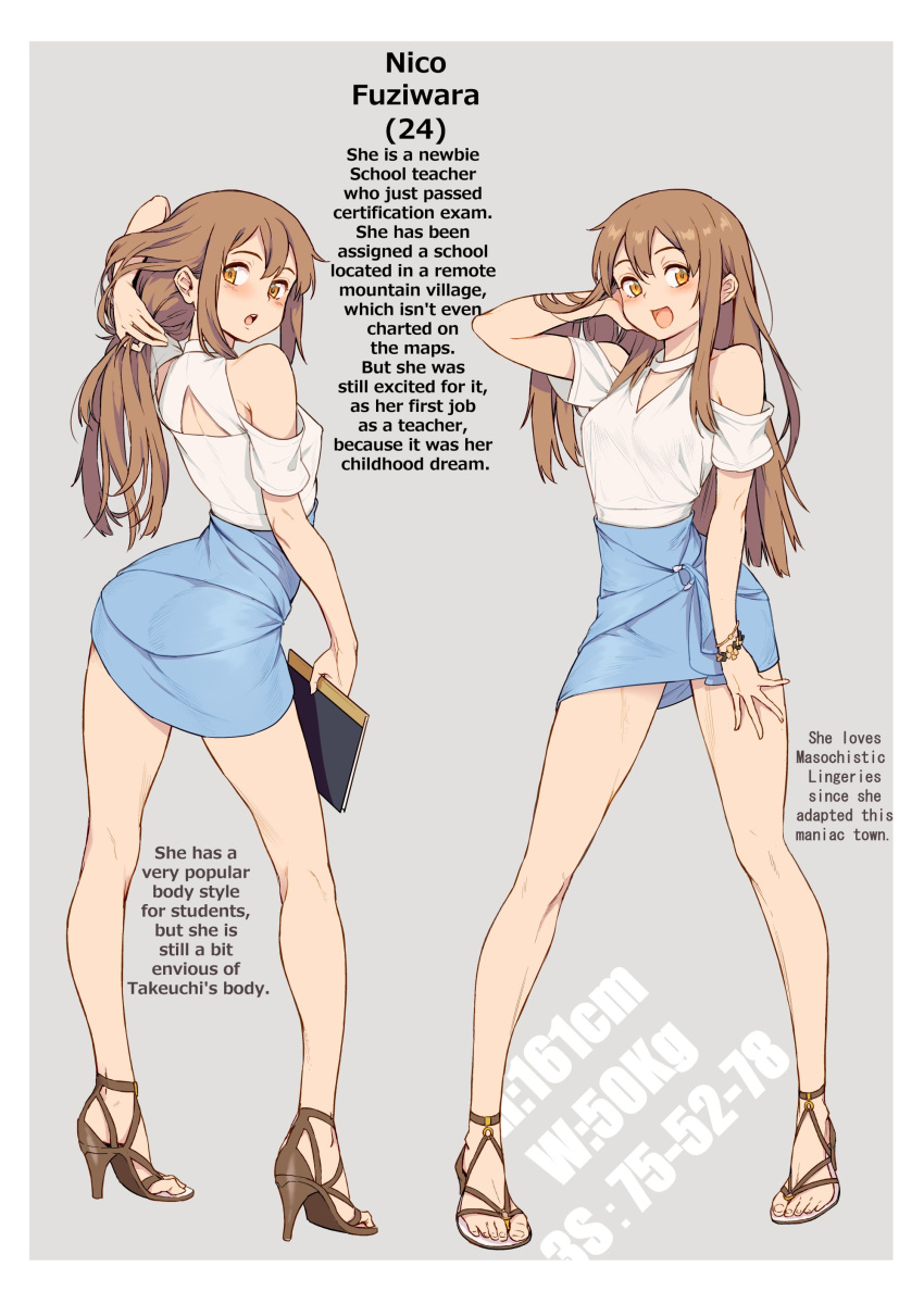 1girl absurdres banned_artist bare_legs bare_shoulders blouse blue_skirt bracelet breasts brown_footwear brown_hair character_age character_name character_profile english_text fuziwara_nico high_heels highres holding holding_hair jewelry long_hair looking_at_viewer looking_back measurements medium_breasts miniskirt multiple_views open_mouth original pose shoes simple_background skirt standing toes white_blouse xil yellow_eyes