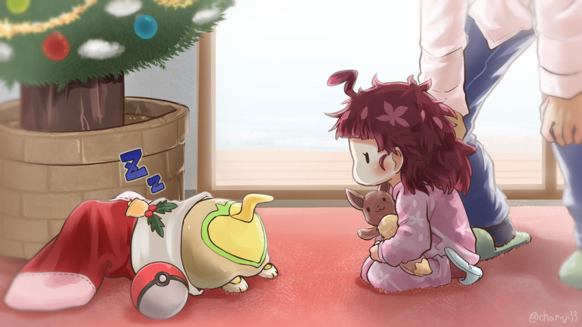 1boy 1girl ahoge bangs blunt_bangs cerise_(pokemon) chamaji character_doll child chloe_(pokemon) christmas_stocking christmas_tree commentary_request eevee father_and_daughter highres pajamas poke_ball poke_ball_(basic) pokemon pokemon_(anime) pokemon_(creature) pokemon_swsh_(anime) seiza sitting slippers solid_oval_eyes twitter_username yamper younger zzz