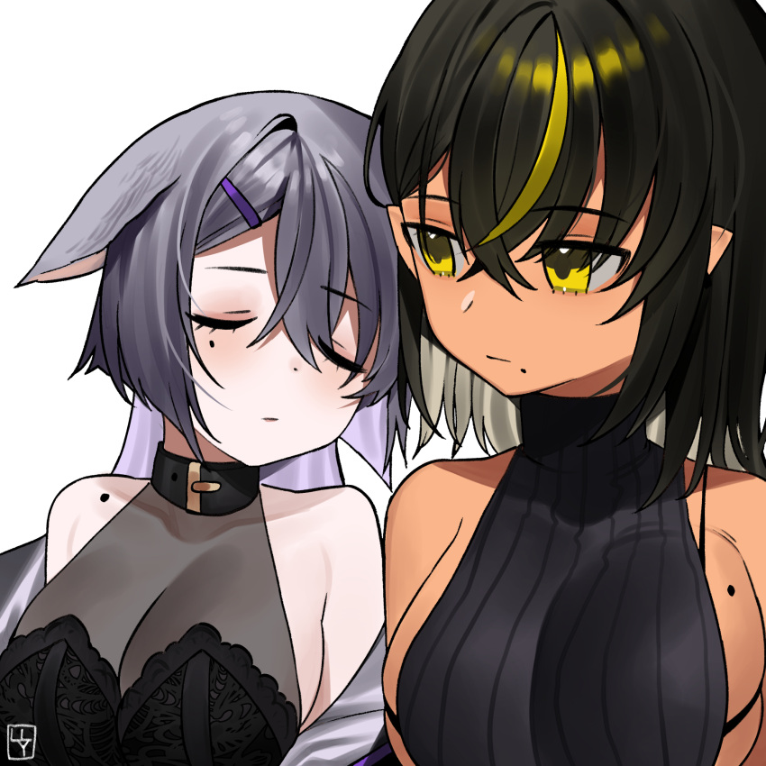 2girls animal_ears bangs bare_shoulders breasts cleavage closed_eyes collar crossed_bangs dark-skinned_female dark_skin dog_ears eyebrows_visible_through_hair grey_hair hair_between_eyes highres large_breasts lilith_(lilycious) lilycious long_hair looking_at_another mole mole_on_breast mole_on_shoulder mole_under_eye mole_under_mouth multiple_girls multiple_moles original pointy_ears purple_background ribbed_tank_top see-through upper_body yellow_eyes