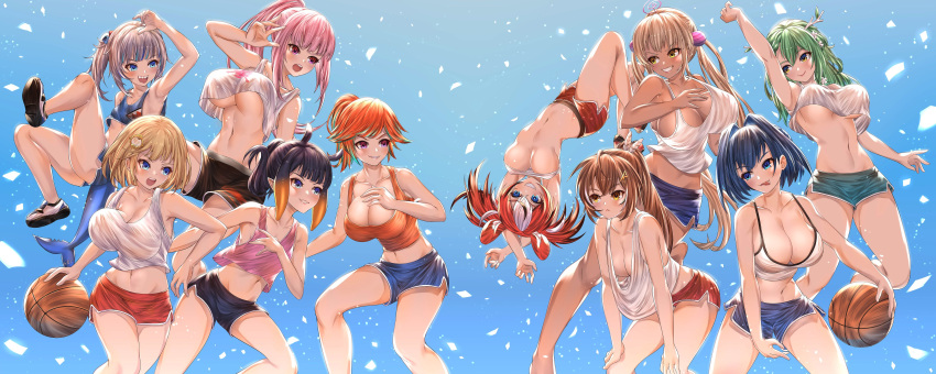 6+girls absurdres animal_ears arm_up basketball blonde_hair blue_eyes blush breasts brown_hair ceres_fauna cleavage crop_top gawr_gura green_hair hair_ornament hairclip hakos_baelz highres holocouncil hololive hololive_english holomyth honkivampy huge_breasts large_breasts long_hair looking_at_another loose_clothes midriff mori_calliope mouse_ears multicolored_hair multiple_girls nanashi_mumei navel ninomae_ina'nis no_bra open_mouth orange_hair ouro_kronii pink_hair ponytail purple_eyes purple_hair sharp_teeth shoes short_hair shorts side_ponytail silver_hair simple_background smile sneakers streaked_hair takanashi_kiara tank_top teeth tsukumo_sana twintails underboob upside-down virtual_youtuber watson_amelia yellow_eyes