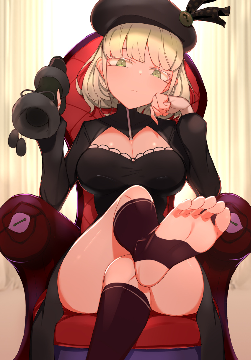 1girl absurdres arm_rest bangs black_dress black_headwear black_legwear blonde_hair bow breasts chair choumi_wuti_(xueye_fanmang_zhong) cleavage cleavage_cutout clothing_cutout curtains dress expressionless feet fingerless_gloves foot_focus gloves green_eyes hand_on_own_cheek hand_on_own_face hat hat_bow highres holding holding_shoes indie_virtual_youtuber looking_at_viewer looking_down no_shoes parasister_(vtuber) shoes shoes_removed sitting soles solo stirrup_legwear toeless_legwear virtual_youtuber