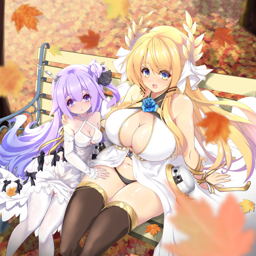:d absurdres arm_support armlet autumn_leaves azur_lane bangs bare_shoulders bench bikini bikini_bottom black_bikini black_legwear blonde_hair blunt_bangs blurry breasts cleavage collarbone commentary_request depth_of_field detached_sleeves dress eyebrows_visible_through_hair eyes_visible_through_hair from_above green_eyes hair_between_eyes hair_bun hair_ornament hair_ribbon hand_on_another's_shoulder highres large_breasts laurel_crown leaf long_hair long_sleeves looking_at_viewer looking_up machinery maple_leaf midriff navel one_side_up open_mouth park_bench purple_eyes purple_hair raranokusu ribbon side_bun sidelocks sitting smile swimsuit thighhighs turret unicorn_(azur_lane) victorious_(azur_lane) white_dress white_legwear zettai_ryouiki
