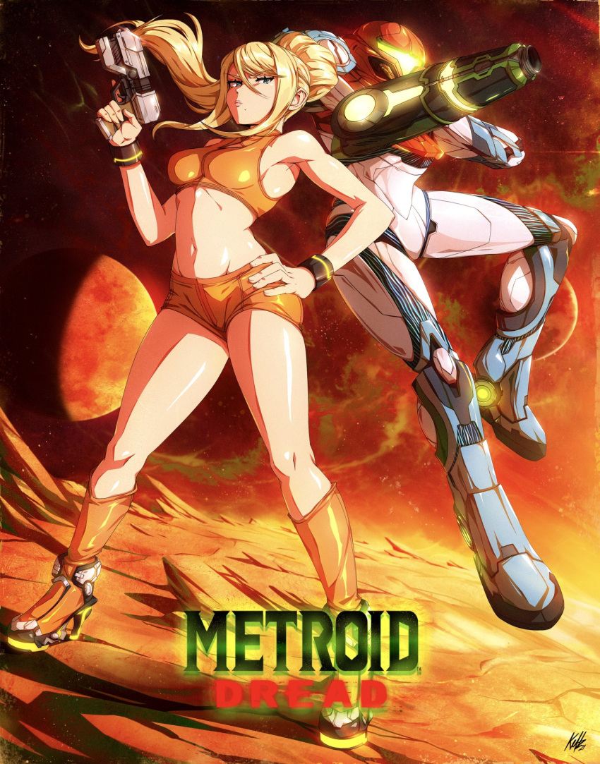 1girl arm_cannon armor bangs blonde_hair blue_eyes breasts fire full_body glowing gun helmet high_heels highres kellzallday large_breasts long_hair looking_at_viewer metroid metroid_dread mole mole_under_mouth navel ponytail power_armor power_suit samus_aran science_fiction shorts sidelocks simple_background skin_tight solo visor weapon