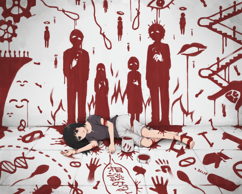 1girl black_eyes black_hair commentary dna double_helix dying_message escalator fake_blood fire halo hand_print holding holding_phone long_hair lying noose on_side original phone shorts silhouette sperm_cell translation_request yajirushi_(chanoma)