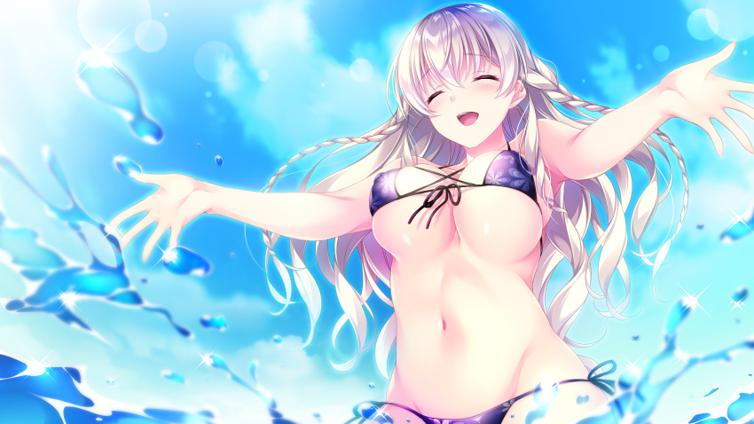 1girl :d ^_^ bangs bikini black_ribbon blue_sky blush bouncing_breasts braid breasts closed_eyes day eyebrows_visible_through_hair floating_hair floral_print front-tie_bikini front-tie_top game_cg groin hair_between_eyes halterneck highres large_breasts long_hair navel official_art open_mouth outdoors print_bikini purple_bikini renjouji_mai ribbon secret_agent_~kishi_gakuen_no_shinobi_naru_mono~ shiny shiny_hair side-tie_bikini silver_hair sky smile solo standing string_bikini swimsuit twin_braids underboob very_long_hair