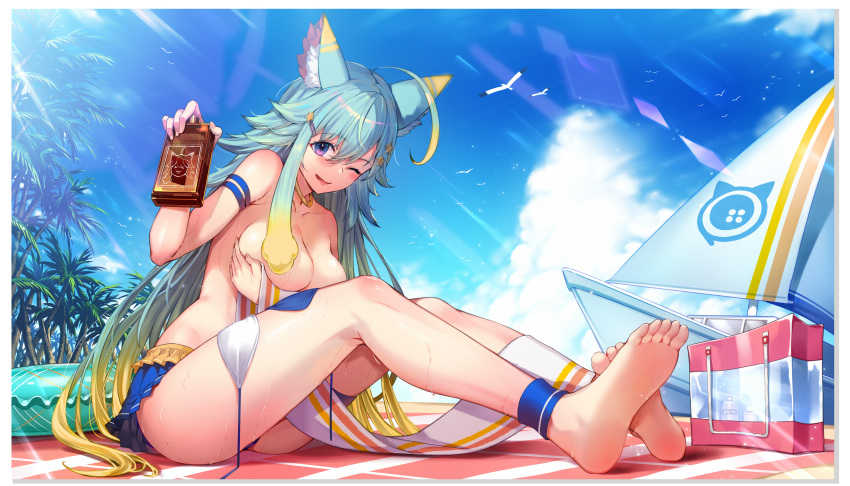 1girl ahoge animal_ear_fluff animal_ears ankle_strap arm_strap bag barefoot beach bikini_skirt bird blue_hair boat bra bra_removed breasts cleavage covering covering_breasts eyebrows_visible_through_hair feet gradient_hair hair_between_eyes hair_ornament hairclip highres jewelry kakage lanmewko large_breasts long_hair looking_at_viewer lotion multicolored_hair necklace one_eye_closed original palm_tree purple_eyes sailboat sky soles solo sunscreen toes tote_bag towel tree underwear very_long_hair watercraft