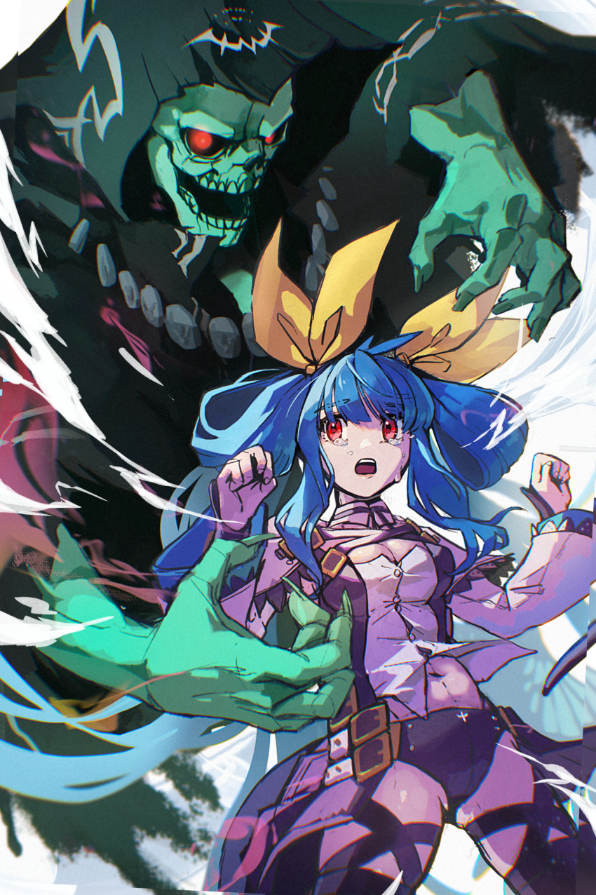1girl angel_wings asymmetrical_wings bangs belt blue_hair breasts choker cleavage crying dizzy_(guilty_gear) eyebrows_visible_through_hair fingernails glowing glowing_eyes guilty_gear guilty_gear_xrd hair_ribbon hair_rings highres kero8080 large_breasts long_hair monster_girl multiple_belts navel necro_(guilty_gear) open_mouth red_eyes ribbon sharp_fingernails skeleton stomach tearing_up tears thigh_strap twintails wind wind_lift wings