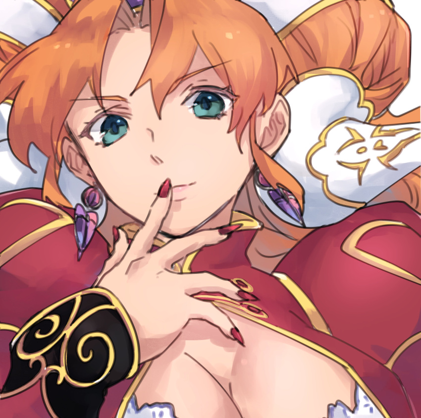 1girl absurdres breasts cleavage closed_mouth earrings grandia grandia_ii green_eyes hamagurihime highres jewelry long_hair looking_at_viewer millenia_(grandia) nail_polish orange_hair simple_background smile solo white_background