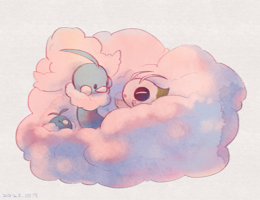 :o altaria celebi closed_eyes commentary_request dated evolutionary_line fluffy hands_up leels looking_at_another looking_back no_humans pokemon pokemon_(creature) swablu white_background