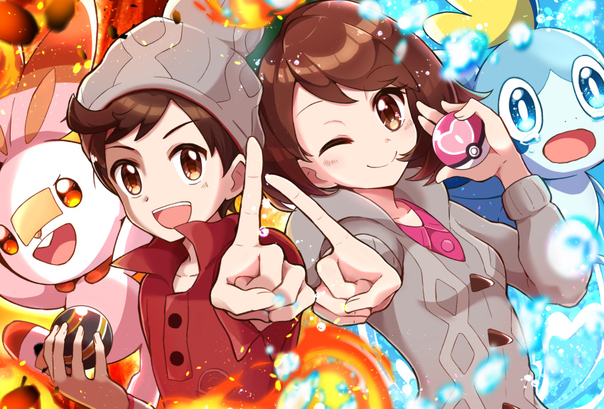 &gt;:) 1boy 1girl :d :o bangs beanie brown_eyes brown_hair brown_headwear buttons cable_knit cardigan dress eyebrows_visible_through_hair fire gloria_(pokemon) green_headwear grey_cardigan haru_(haruxxe) hat highres holding holding_poke_ball index_finger_raised looking_at_viewer love_ball luxury_ball medium_hair one_eye_closed open_mouth outstretched_hand pink_dress poke_ball pokemon pokemon_(creature) pokemon_(game) pokemon_swsh popped_collar red_shirt scorbunny shirt short_hair smile sobble swept_bangs tam_o'_shanter tearing_up v-shaped_eyebrows victor_(pokemon) water