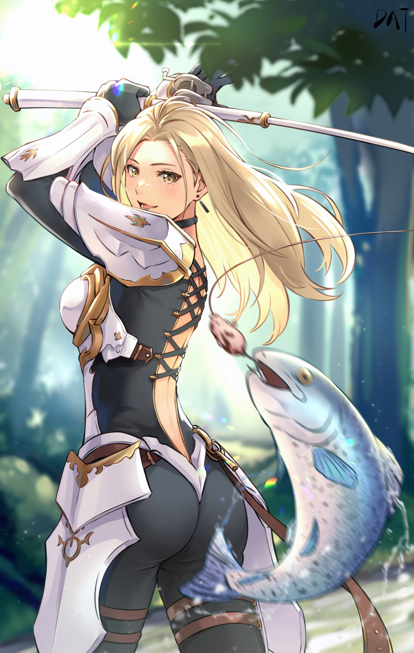 1girl absurdres armor ass back_cutout blonde_hair bodysuit breasts cleavage clothing_cutout criss-cross_back-straps cross-laced_clothes da-cart dangle_earrings earrings fish fishing fishing_hook fishing_rod from_behind gloves highres holding jewelry kisara_(tales) long_hair looking_at_viewer shoulder_armor smile solo tales_of_(series) tales_of_arise water yellow_eyes