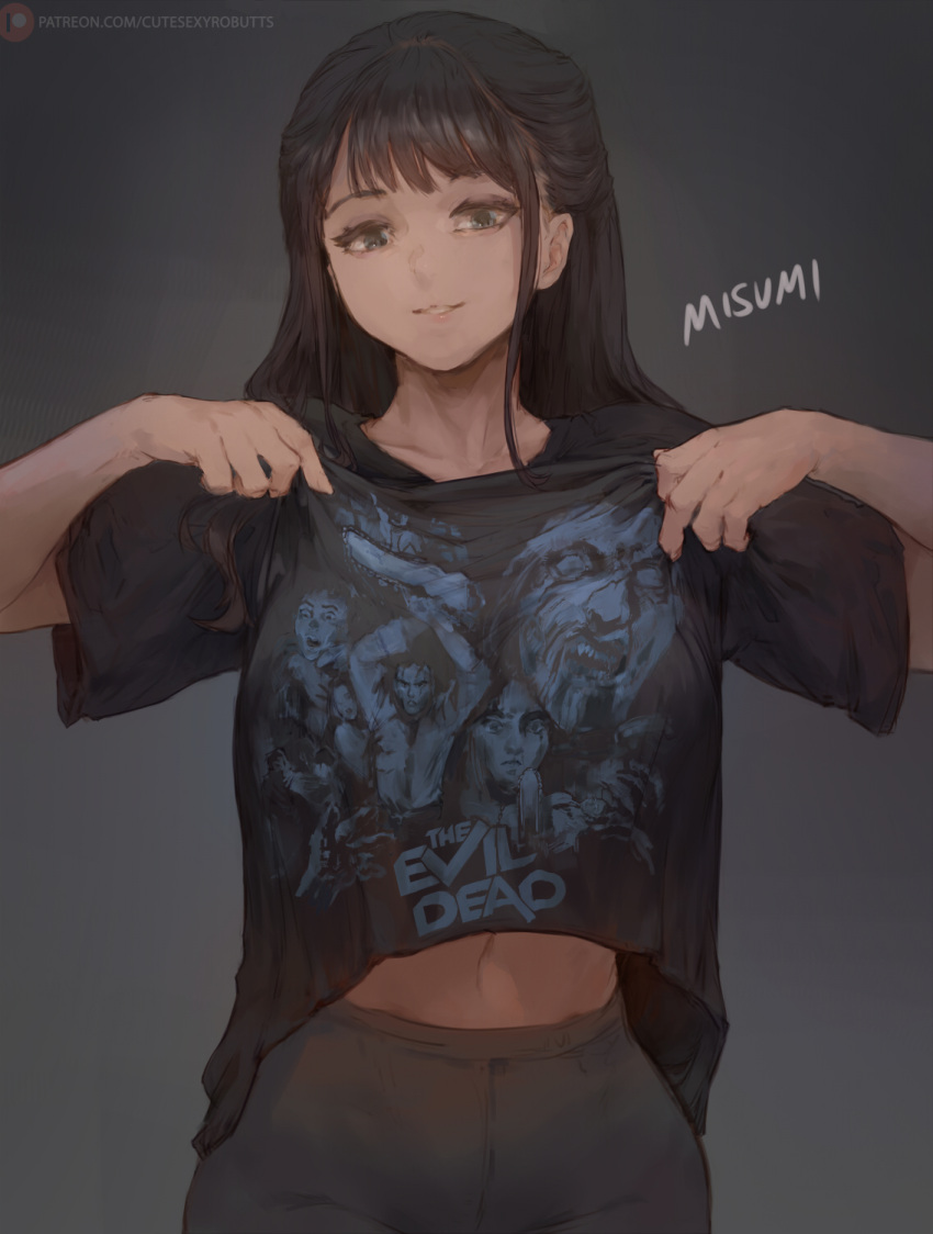 1girl bangs black_shirt clothes_lift cutesexyrobutts evil_dead grey_background highres long_hair looking_at_viewer misumi_yuka_(youtuber) navel pants patreon_logo patreon_username real_life shirt shirt_lift short_sleeves smile virtual_youtuber