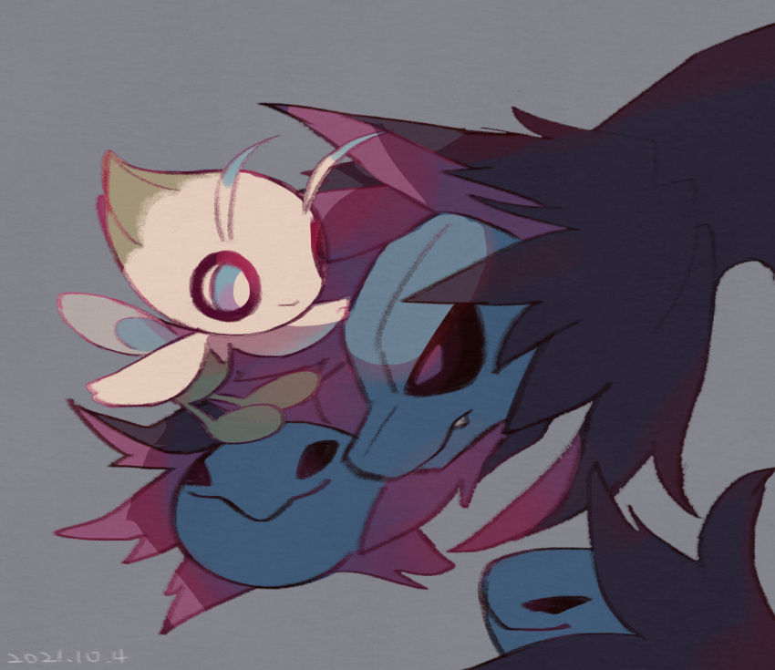 blue_eyes bright_pupils celebi closed_mouth commentary_request dated fang grey_background hydreigon leels no_humans pokemon pokemon_(creature) purple_eyes smile white_pupils