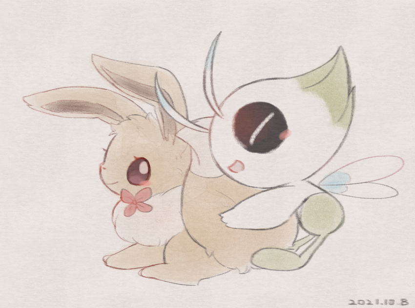 :d blush celebi closed_eyes closed_mouth commentary_request dated eevee hug hug_from_behind leels looking_back no_humans open_mouth pokemon pokemon_(creature) ribbon smile