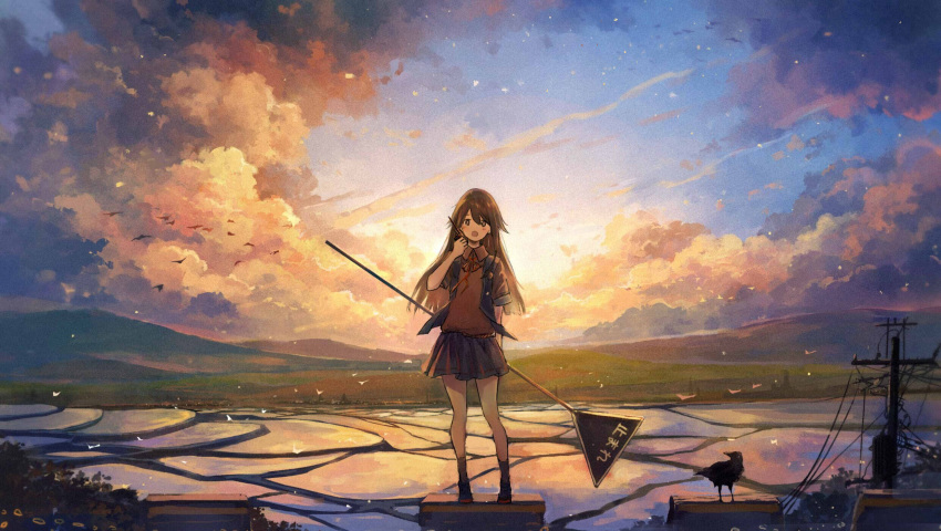 1girl arm_at_side axleaki bangs bird black_footwear blush brown_eyes brown_hair brown_shirt cloud cloudy_sky collared_shirt commentary_request day grey_legwear grey_skirt hair_between_eyes hand_up highres holding holding_sign landscape long_hair looking_at_viewer mountain mountainous_horizon neck_ribbon open_clothes open_mouth open_vest original outdoors pleated_skirt power_lines red_neckwear red_ribbon ribbon rice_paddy road_sign scenery shirt shoes short_sleeves sign skirt sky socks solo standing sunset utility_pole vest wide_shot