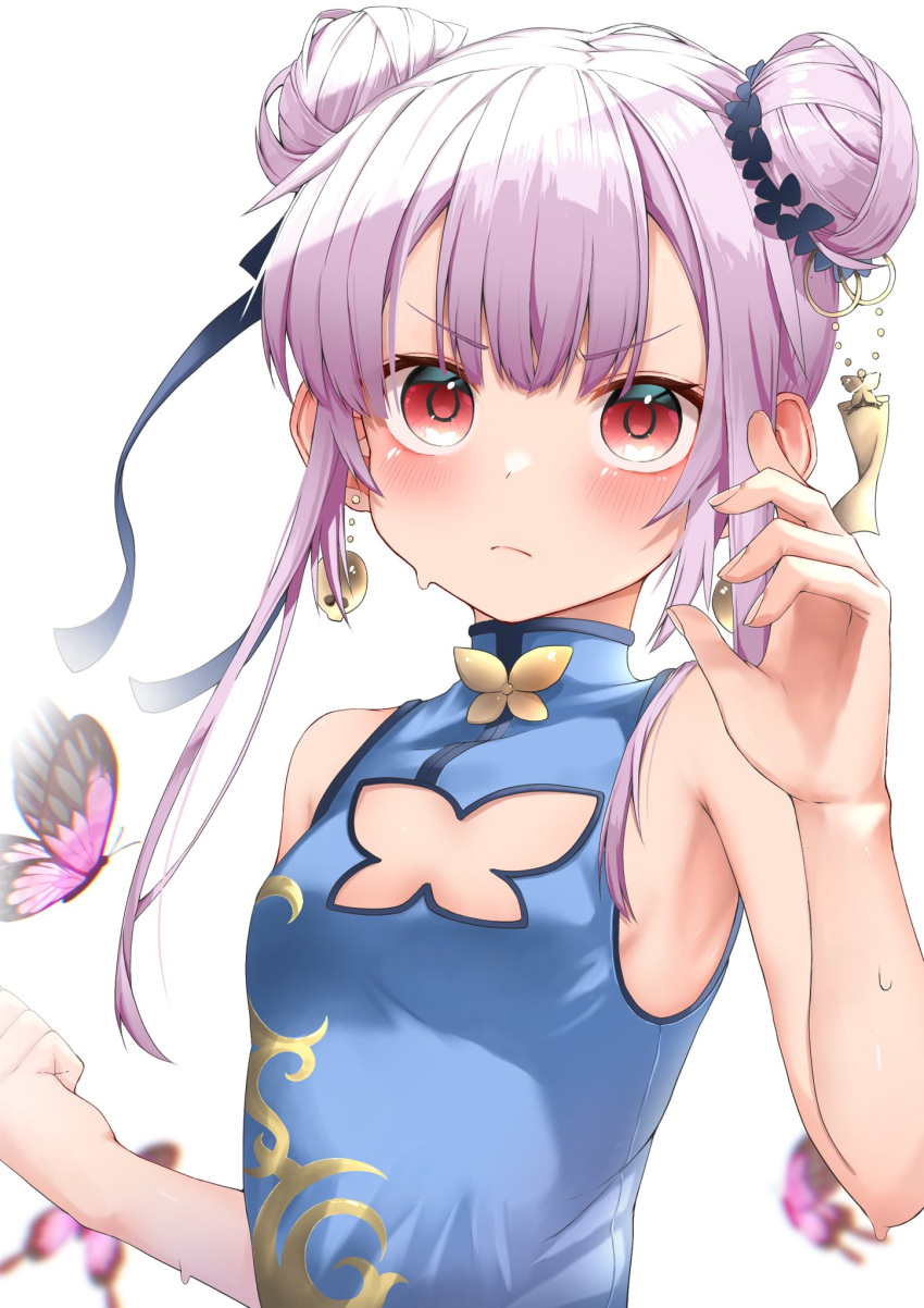 1girl bangs bare_arms blue_dress blush breasts bug butterfly china_dress chinese_clothes cleavage_cutout closed_mouth clothing_cutout commentary_request double_bun dress earrings eyebrows_visible_through_hair hair_ribbon highres hololive jewelry long_hair looking_at_viewer pepushi_drow pink_butterfly pink_hair red_eyes ribbon simple_background sleeveless sleeveless_dress small_breasts solo upper_body uruha_rushia v-shaped_eyebrows virtual_youtuber white_background