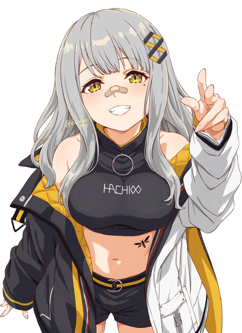 1girl absurdres bandaid bandaid_on_nose black_jacket black_shirt black_shorts blush breasts commentary cowboy_shot crop_top english_commentary eyebrows_visible_through_hair fuusuke_(fusuke208) grin hachi_(live_union) hair_ornament highres jacket live_union long_hair looking_at_viewer medium_breasts midriff mole mole_under_eye multicolored_clothes multicolored_jacket navel open_clothes open_jacket pointing pointing_at_viewer shirt short_shorts shorts sidelocks silver_hair simple_background sleeveless smile solo stomach_tattoo tattoo teeth twitter_username two-sided_fabric two-sided_jacket two-tone_jacket virtual_youtuber white_background white_jacket yellow_belt yellow_eyes