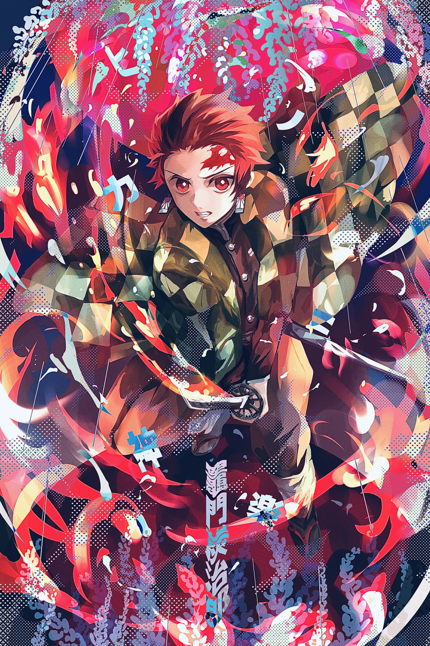 1boy absurdres black_jacket brown_hair brown_pants burn_mark checkered_haori clenched_teeth earrings highres holding holding_sword holding_weapon honmou_(pixiv64700875) jacket jewelry kamado_tanjirou katana kimetsu_no_yaiba long_sleeves looking_at_viewer male_focus multicolored_hair pants red_eyes red_hair short_hair solo sword teeth two-tone_hair weapon