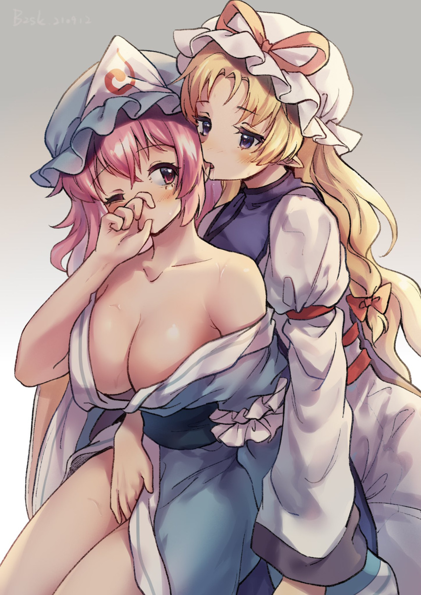 2girls arm_strap artist_name backlighting bangs behind_another between_legs biting blonde_hair blue_headwear blue_kimono blush bow breasts cleavage collarbone covering_mouth cowboy_shot dated dress ear_biting eye_reflection eyebrows_visible_through_hair gradient gradient_background grey_background hair_between_eyes hair_bow hair_intakes half-closed_eyes hand_between_legs hand_over_own_mouth hat hat_ribbon highres hu_su imminent_fingering japanese_clothes kimono large_breasts long_hair long_sleeves looking_at_another looking_back medium_hair mob_cap multiple_girls obi one_eye_closed open_clothes open_kimono parted_bangs pink_eyes pink_hair pointy_ears purple_eyes red_ribbon reflection ribbon saigyouji_yuyuko saliva sash shiny shiny_hair sweat tabard thighs touhou triangular_headpiece very_long_hair white_dress white_headwear white_trim wide_sleeves yakumo_yukari yuri