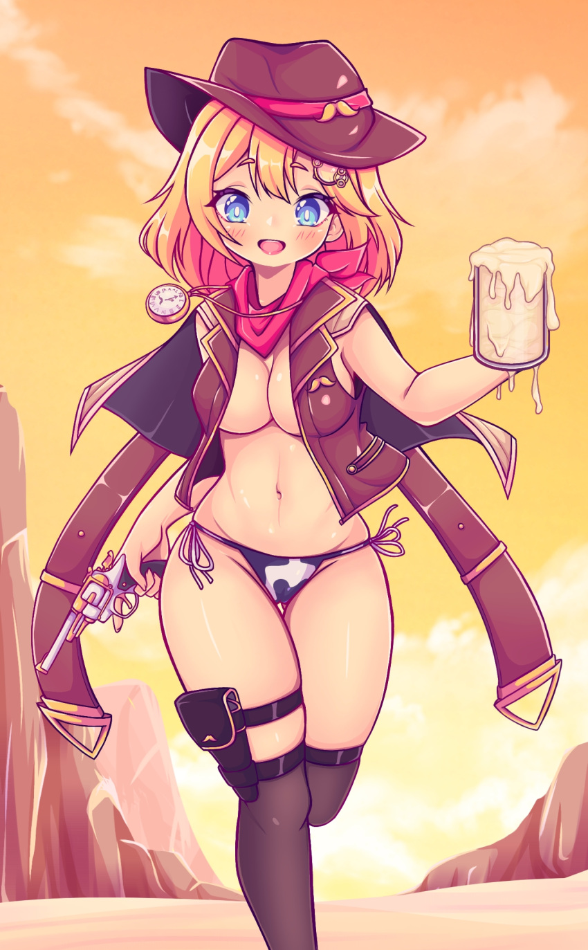1girl :d alcohol animal_print aya_chan1221 bangs beer_mug bikini bikini_bottom black_legwear blonde_hair blue_eyes breasts brown_vest cleavage cliff cloud cloudy_sky commentary cow_print cowboy_hat cowboy_western cup dessert dual_wielding english_commentary eyebrows_visible_through_hair food gun hair_between_eyes hair_ornament handgun hat highres holding holding_cup holding_gun holding_weapon hololive hololive_english holster jewelry looking_at_viewer mug necklace open_mouth pocket_watch red_scarf scarf sexually_suggestive short_hair side-tie_bikini sidelocks sky smile solo standing standing_on_one_leg stomach suggestive_fluid swimsuit thigh_holster thighhighs trigger_discipline vest virtual_youtuber watch watson_amelia weapon yellow_sky zettai_ryouiki